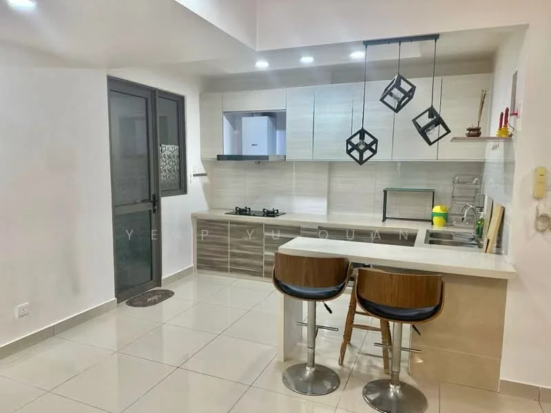 Kitchen features: white and wood cabinetry, black countertop, stainless-steel sink, chrome pull-down faucet, built-in oven, 4-burner gas hob, refrigerator, pendant lighting, bar stools, tile flooring, white painted walls, sliding glass door; style: modern.