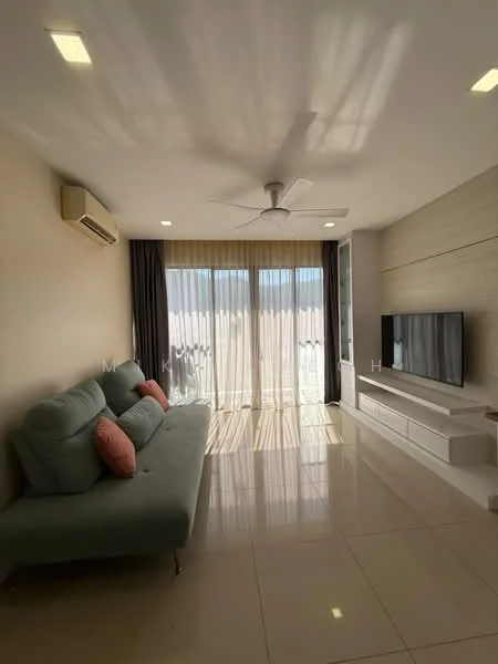 Living features: 3-seater fabric sofa in light grey, 2 decorative cushions in pink, wall-mounted TV, white TV console, large floor-to-ceiling windows, sheer curtains, dark curtains, recessed LED downlights, split air conditioning unit, glossy tile flooring, neutral painted walls, ceiling fan with light; style: modern.
