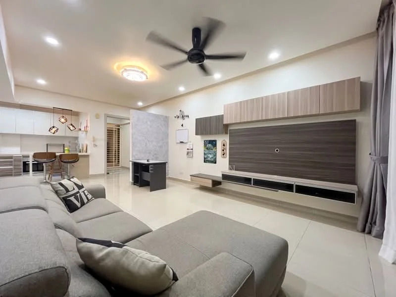 Living features: 3-seater fabric sofa in grey, ceiling fan with light, wall-mounted TV, TV console with storage, light-colored walls, recessed lighting, large windows with sheer curtains, tile flooring, decorative wall art, open-plan layout to kitchen, dining area visible in background; style: modern.
