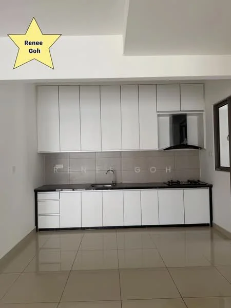 Kitchen features: white cabinetry, black countertop, stainless-steel sink, chrome faucet, built-in gas hob, exhaust hood, grey tiled backsplash, cream tiled flooring, window with view, under-cabinet lighting; style: modern.