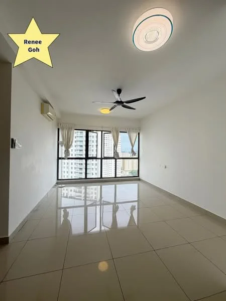 Living features: white painted walls, glossy ceramic tile flooring, 5-blade ceiling fan with light, recessed LED downlights, floor-to-ceiling windows, sheer curtains, wall-mounted split AC, open layout; style: modern; view: city.