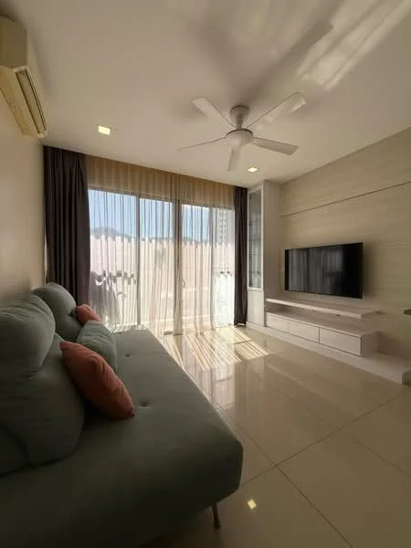 Living features: 3-seater fabric sofa in light green, 2 decorative cushions in orange, wall-mounted TV, white TV console, large floor-to-ceiling windows, sheer curtains, grey blackout curtains, recessed LED downlights, 5-blade ceiling fan with light, glossy tile flooring, light beige accent wall, air conditioning unit; style: modern; view: city.
