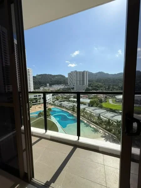 Balcony features: glass railing, tile flooring, mountain view, pool view, outdoor space, sunlight exposure, access from living area; style: modern; view: mountain.