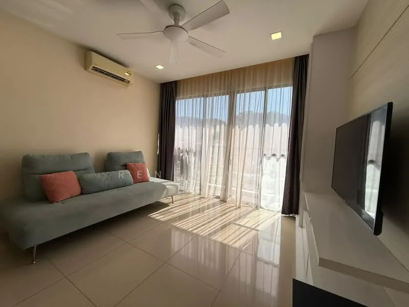 Living features: 3-seater fabric sofa in grey, 2 pink accent cushions, floor-to-ceiling windows, sheer curtains, dark curtains, wall-mounted TV, white TV console, recessed downlights, 1 wall-mounted split AC, glossy tile flooring, neutral painted walls, ceiling fan; style: modern; view: city.