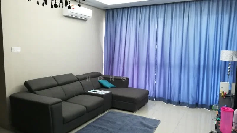 Living features: L-shape sectional sofa in dark grey, blue area rug, floor-to-ceiling windows with sheer curtains, wall-mounted split AC, recessed ceiling lights, light grey painted walls, glossy tile flooring, decorative floor lamp; style: modern.