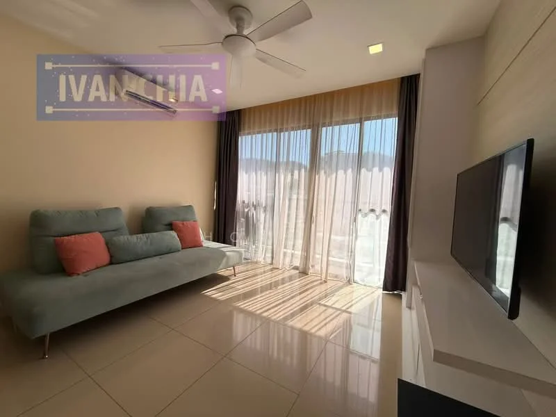 Living features: 2-seater fabric sofa in light grey, 2 pink accent cushions, floor-to-ceiling windows, sheer curtains, blackout curtains, wall-mounted TV, white TV console, ceiling fan with light, recessed downlights, glossy tile flooring, neutral painted walls; style: modern; view: city.