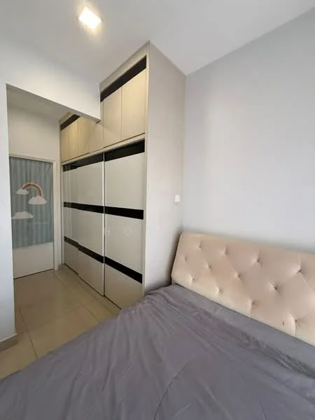 Bedroom features: queen-size bed with upholstered headboard, grey bedding, built-in wardrobe with sliding doors, cream painted walls, tile flooring, recessed ceiling light, curtains with cloud pattern, wall-mounted mirror; style: modern.