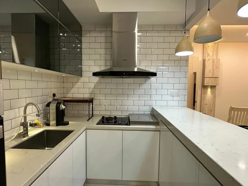 Kitchen features: white quartz countertop, grey ceramic tile backsplash, stainless-steel single-bowl sink, chrome pull-down faucet, 4-burner gas hob, stainless-steel range hood, black cabinetry, open shelving, pendant lighting, built-in coffee machine, recessed downlights; style: modern.