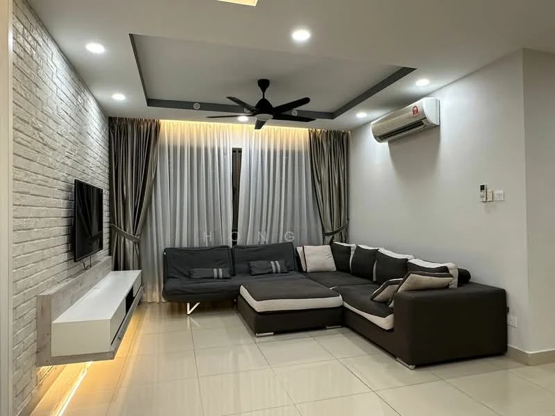 Living features: grey fabric sectional sofa, white wall-mounted TV unit, wall-mounted TV, exposed brick accent wall, cream painted walls, recessed ceiling lights, 5-blade ceiling fan with light, floor-to-ceiling curtains, tile flooring, air conditioning unit; style: modern.