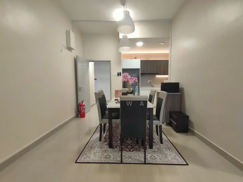 Dining features: 6-seater dining table, upholstered dining chairs, area rug with intricate pattern, pendant lighting, cream painted walls, tile flooring, wall-mounted fire extinguisher, decorative flower arrangement, side cabinet, open kitchen view; style: modern.