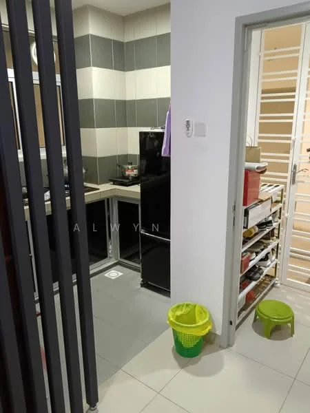 Kitchen features: black refrigerator, grey and white tiled walls, black countertop, stainless-steel sink, single-bowl stainless-steel sink, built-in stove, cabinets with sliding doors, open shelving, grey floor tiles, green trash bin, white door, white wall, storage rack with various items; style: modern.