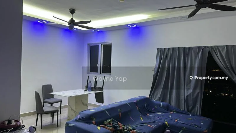 Living features: sofa with colorful fabric, dining table for two, grey dining chairs, floor-to-ceiling windows, recessed LED downlights, 2-blade ceiling fan, curtains in grey, white painted walls, tile flooring, decorative lighting along ceiling; style: modern; view: city.
