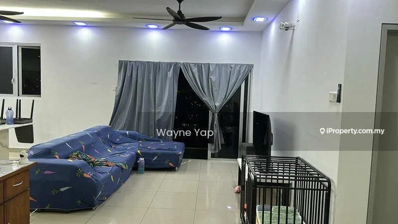 Living features: blue fabric sofa with floral pattern, floor-to-ceiling windows, grey curtains, wall-mounted TV, TV console, ceramic tile flooring, recessed LED downlights, ceiling fan, decorative wall, open layout, black metal baby gate, dining table with chairs in background; style: modern; view: city.