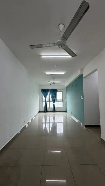 Room features: white painted walls, light blue accent wall, glossy tile flooring, 5-blade ceiling fan with light, large windows with sheer curtains, recessed LED downlights; style: modern; view: city.