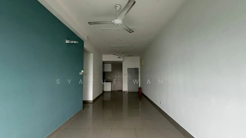 Room features: light grey tiled flooring, white painted walls, teal accent wall, 2 ceiling fans, open layout, kitchen area visible in background, no visible furniture, natural light from windows; style: modern.