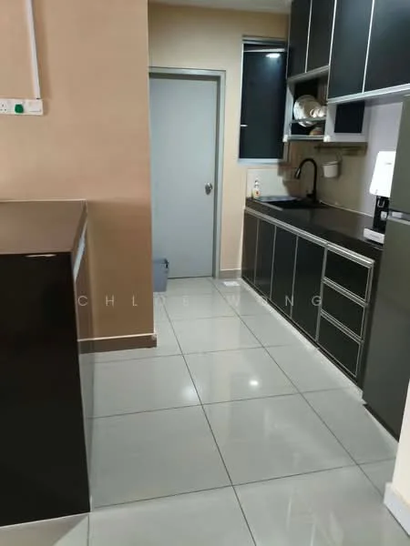 Kitchen features: black cabinetry, white countertop, single-bowl stainless-steel sink, chrome pull-down faucet, built-in oven, freestanding range oven, ceramic tile flooring, recessed downlights, grey painted walls, window with blinds; style: modern.