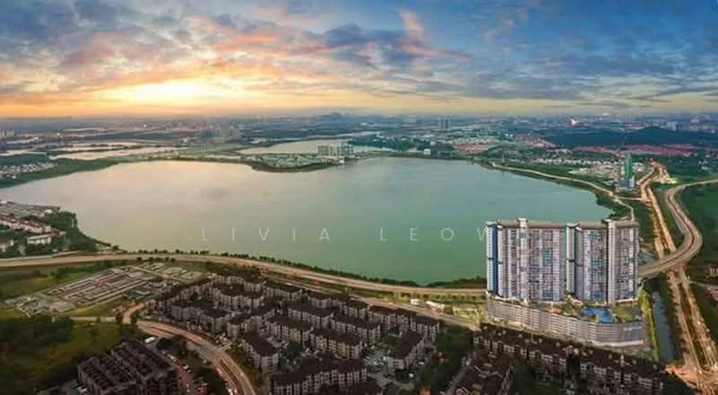 Exterior type: high-rise condominium; features: glass curtain wall, recessed balconies, landscaped pool deck, surrounded by water body, urban skyline in background, manicured landscaping, multiple storeys, adjacent to main road; style: modern.