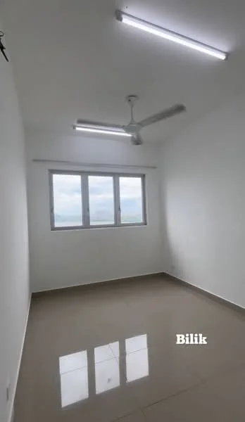 Room features: white painted walls, glossy ceramic tile flooring, ceiling fan, 3-panel windows, natural light from windows, neutral color scheme, no visible furniture, minimalist design; style: modern; view: city.
