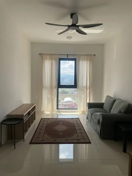 Living features: 5-blade ceiling fan with light, floor-to-ceiling window, sheer curtains, grey fabric sofa, coffee table, TV console, area rug with geometric pattern, glossy tile flooring, white painted walls; style: modern; view: city.