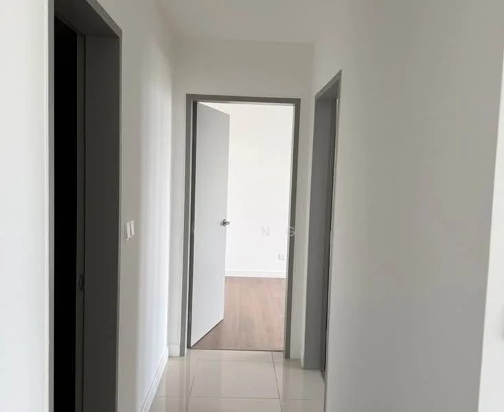 Room features: white painted walls, light-colored flooring, doorway leading to another room, two doorways on either side, neutral color scheme, tile flooring, no visible furniture or decor; style: modern.