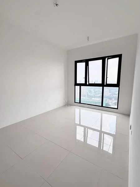 Room features: white painted walls, glossy ceramic tile flooring, floor-to-ceiling windows, black window frames, city view, no visible furniture or decor, high ceiling, natural light; style: modern; view: city.