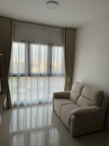 Living features: beige fabric 2-seater sofa, floor-to-ceiling windows, sheer curtains, white painted walls, glossy ceramic tile flooring, recessed ceiling light, wall-mounted shelving unit, city view; style: modern; view: city.