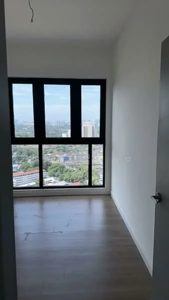 Room features: large floor-to-ceiling windows, white painted walls, light wood laminate flooring, city view, minimalist design, no visible furniture, natural light, neutral color palette; style: modern; view: city.