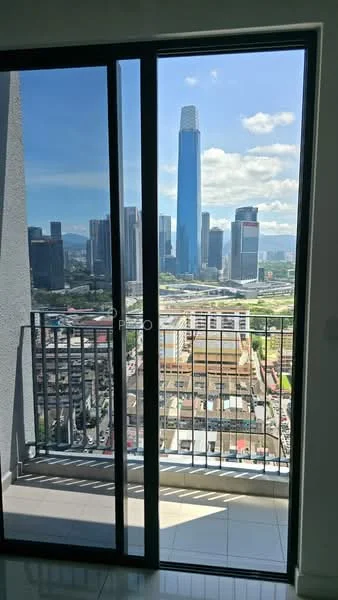 Room features: floor-to-ceiling sliding glass door, balcony with railing, city skyline view, tile flooring, white walls, natural light from large windows; style: modern; view: city.