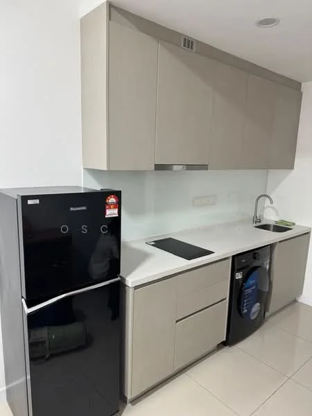 Kitchen features: light grey cabinetry, white quartz countertop, black refrigerator, built-in oven, stainless-steel sink, chrome pull-down faucet, glass backsplash, ceramic tile flooring, under-cabinet lighting; style: modern.