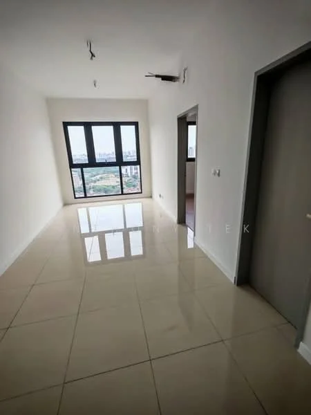 Room features: white painted walls, glossy beige tile flooring, floor-to-ceiling windows, city view, recessed downlights, ceiling-mounted air conditioning unit, open layout, neutral color scheme; style: modern; view: city.