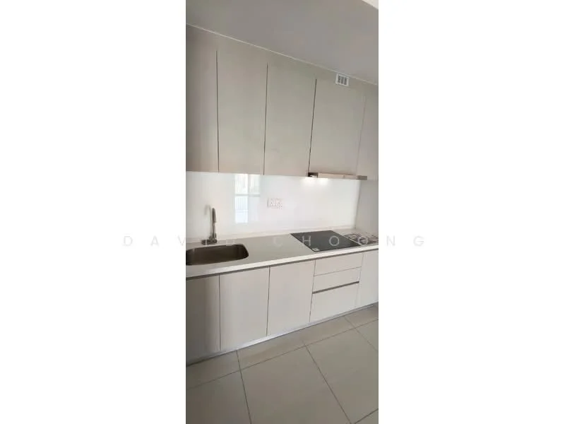 Kitchen features: light grey cabinetry, single-bowl stainless-steel sink, chrome pull-down faucet, white countertop, built-in stove, wall-mounted cabinets, tile backsplash, ceramic tile flooring, recessed downlights; style: modern.