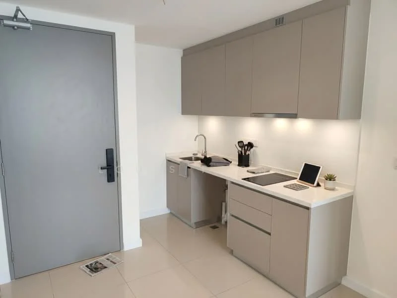 Kitchen features: grey cabinetry, white quartz countertop, single-bowl stainless-steel sink, chrome pull-down faucet, built-in induction hob, built-in oven, kitchen utensils on countertop, wall-mounted light fixtures, tile backsplash, floor-to-ceiling cabinet, open shelving, neutral wall colour, ceramic tile flooring; style: modern.