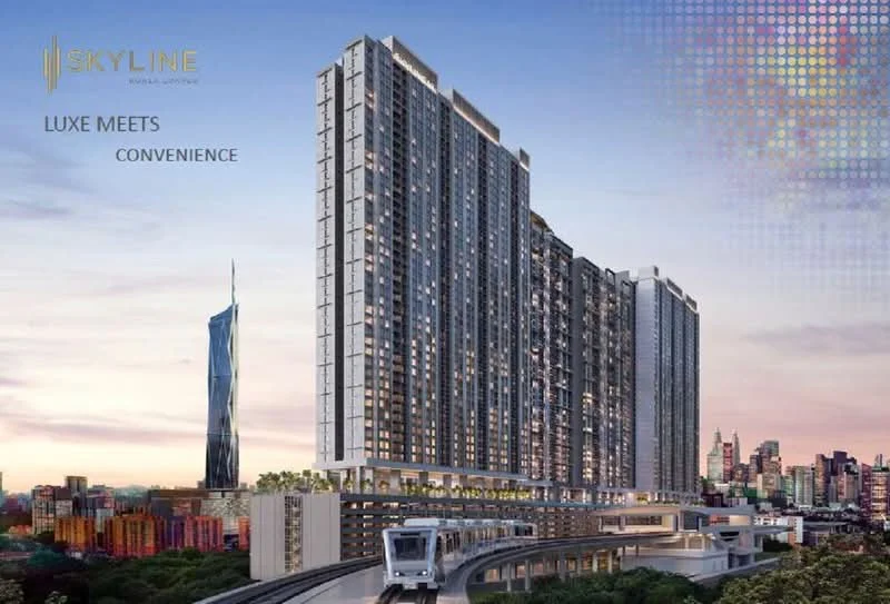 Exterior type: high-rise condominium; features: glass curtain wall, recessed balconies, multiple storeys, urban skyline view, surrounded by cityscape, integrated transportation access; style: modern.
