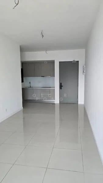 Room features: white painted walls, glossy ceramic tile flooring, open kitchen layout, grey cabinetry, single-bowl stainless-steel sink, built-in oven, freestanding range oven, recessed downlights, door with handle, window with no visible treatment; style: modern.