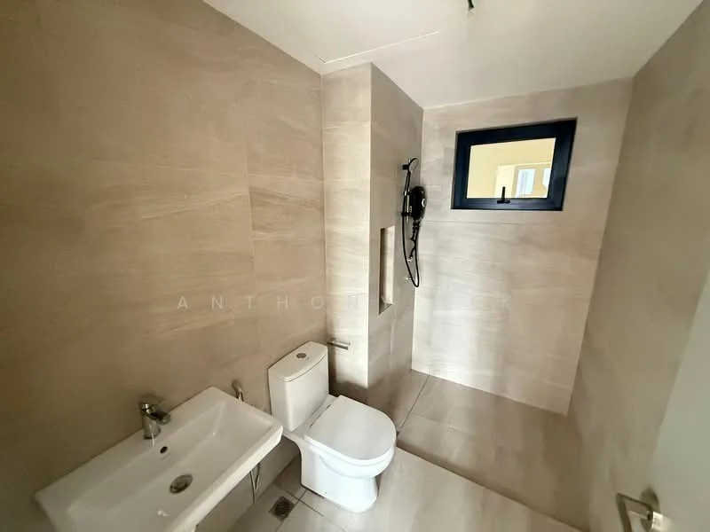 Bathroom features: wall-mounted toilet, single-sink vanity with chrome faucet, walk-in shower with glass partition, rain shower head, light beige tile walls, light beige tile flooring, window with black frame, mirror above sink; style: modern.