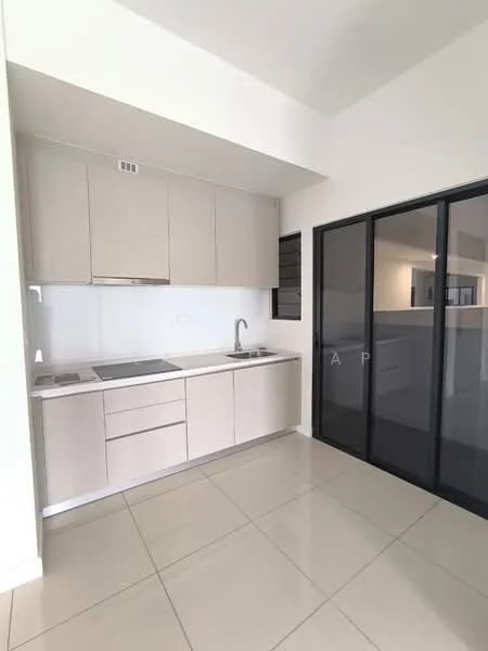 Kitchen features: light beige cabinetry, single-bowl stainless-steel sink, chrome pull-down faucet, built-in oven, 4-burner gas hob, white quartz countertop, tile backsplash, ceramic tile flooring, recessed downlights, floor-to-ceiling glass door, window with black frame; style: modern.