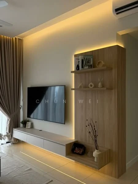Living features: wall-mounted TV, light wood feature wall, floating TV console, shelves with decorative items, recessed LED strip lighting, floor-to-ceiling curtains, neutral wall color, tile flooring; style: modern.
