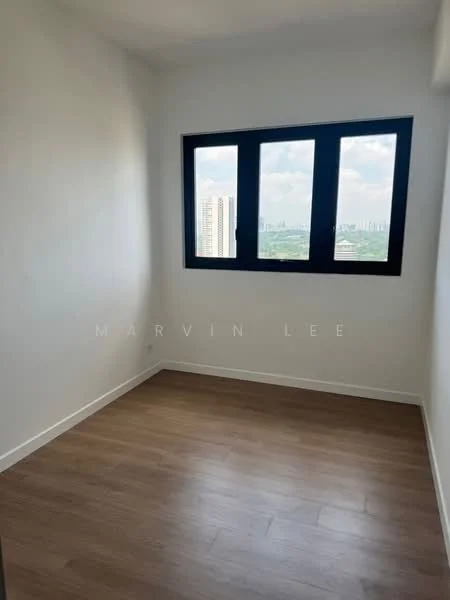 Room features: white painted walls, laminate flooring, black framed windows, city view, natural light from window; style: modern; view: city.
