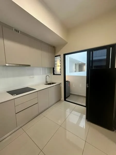 Kitchen features: light grey cabinetry, white countertop, single-bowl stainless-steel sink, chrome pull-down faucet, built-in stove, black refrigerator, ceramic tile flooring, wall-mounted cabinets, window with view to outdoor space, open layout, modern design, recessed lighting; style: modern.