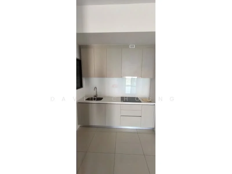 Kitchen features: light wood cabinetry, stainless-steel sink, chrome pull-down faucet, white countertop, ceramic tile flooring, wall-mounted cabinets, built-in oven, cooktop, window above sink; style: modern.