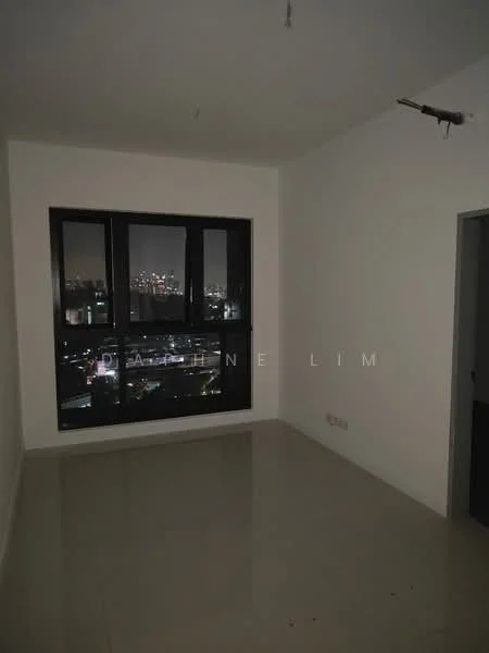 Room features: white painted walls, floor-to-ceiling windows, city skyline view, polished tile flooring, ceiling light fixture, neutral color scheme; style: modern; view: city.