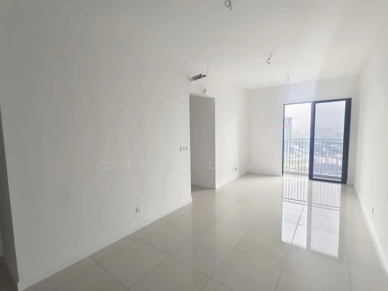 Room features: white painted walls, glossy tile flooring, floor-to-ceiling windows, sliding glass door, natural light, neutral color scheme, recessed downlights, open layout; style: modern; view: city.