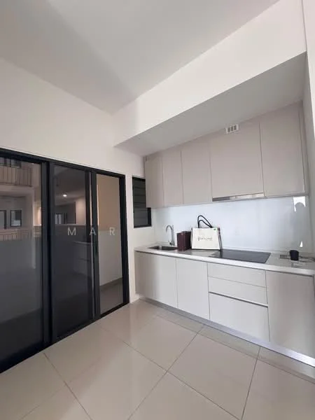 Kitchen features: white cabinetry, stainless-steel sink, chrome pull-down faucet, white quartz countertop, built-in oven, freestanding range oven, ceramic tile flooring, recessed downlights, sliding glass door, pantry, open shelving; style: modern.