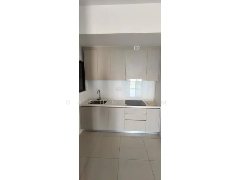 Kitchen features: light wood cabinetry, stainless-steel sink, chrome pull-down faucet, black countertop, built-in stove, tile backsplash, ceramic tile flooring, window above sink; style: modern.