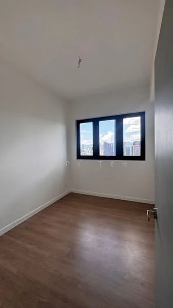 Room features: white painted walls, laminate flooring, large black-framed windows, city view, ceiling light fixture, minimalist design; style: modern; view: city.
