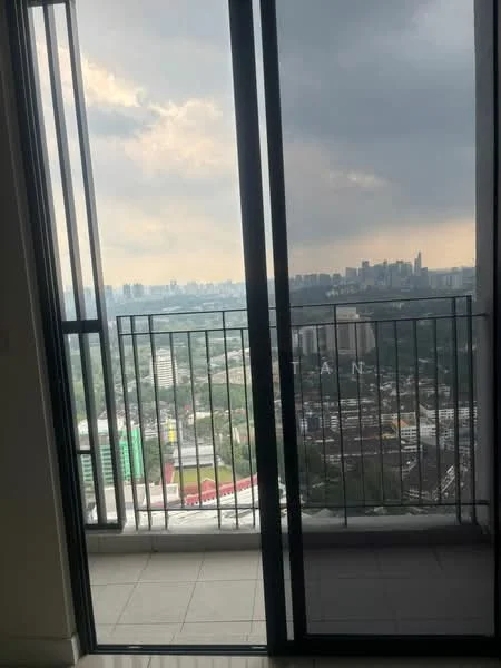 Room features: floor-to-ceiling sliding glass door, metal railing, city skyline view, grey tiled flooring, large balcony space, open space, natural light from outside, partially cloudy sky; style: modern; view: city.