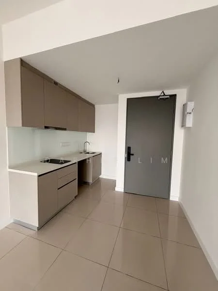 Kitchen features: light brown cabinetry, single-bowl stainless-steel sink, chrome pull-down faucet, white backsplash, built-in oven, freestanding range oven, ceramic tile flooring, recessed downlights, grey painted walls, countertop with straight edge; style: modern.