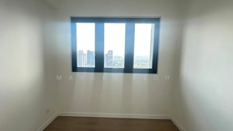 Room features: white painted walls, laminate flooring, floor-to-ceiling windows, city view; style: modern; view: city.