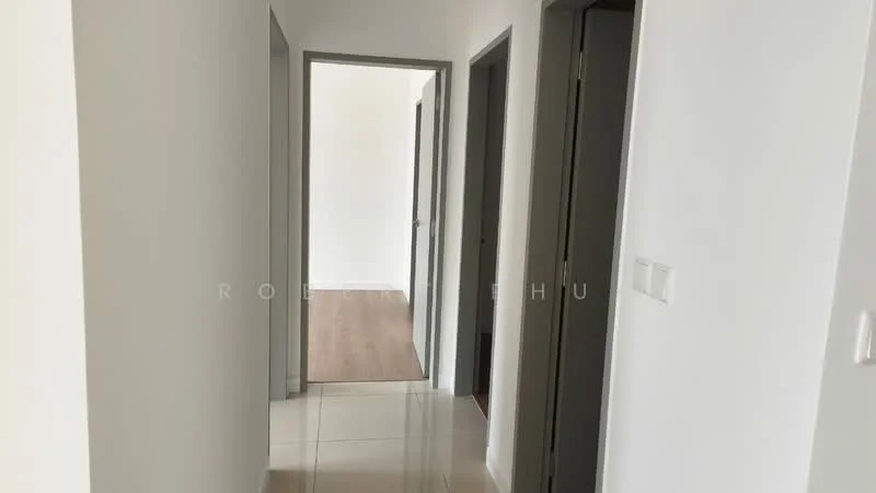 Hallway features: white painted walls, light-colored laminate flooring, recessed lighting, door frames in dark finish, multiple doorways, smooth ceiling, tile flooring at entrance, neutral color scheme; style: modern.