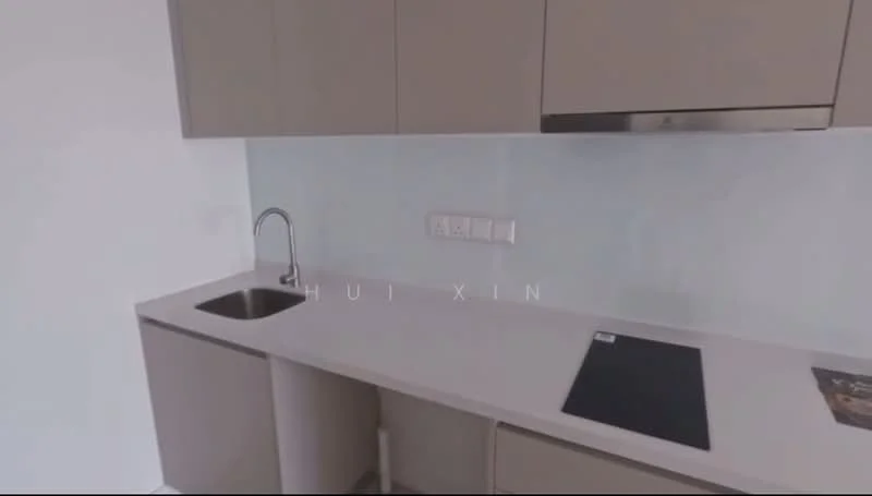Kitchen features: single-bowl stainless-steel sink, chrome pull-down faucet, light grey cabinetry, white countertop, built-in induction cooktop, white backsplash, wall-mounted electrical outlets, under-cabinet lighting; style: modern.